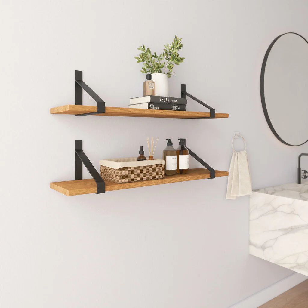 Wandregal Badezimmer Holz Metall Eiche Schweberegal Halterung Lark Schwarz Flachstahl Geschlossen