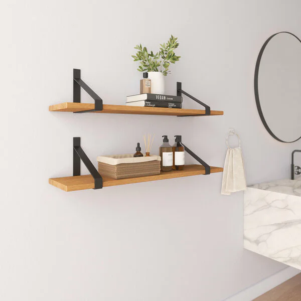 Wandregal Badezimmer Holz Metall Eiche Schweberegal Halterung Lark Schwarz Flachstahl Geschlossen