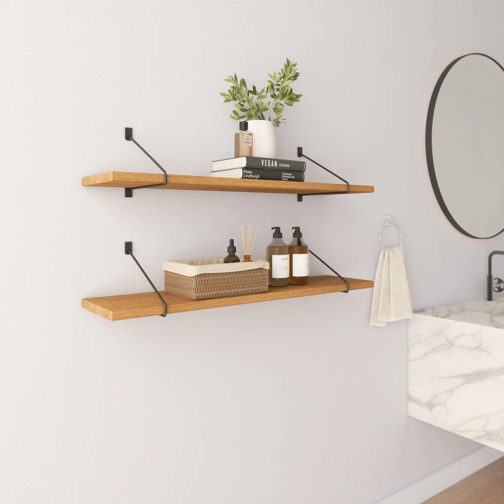 Wandregal Badezimmer Holz Metall Eiche Schweberegal Halterung Strenia Schwarz Rundstahl