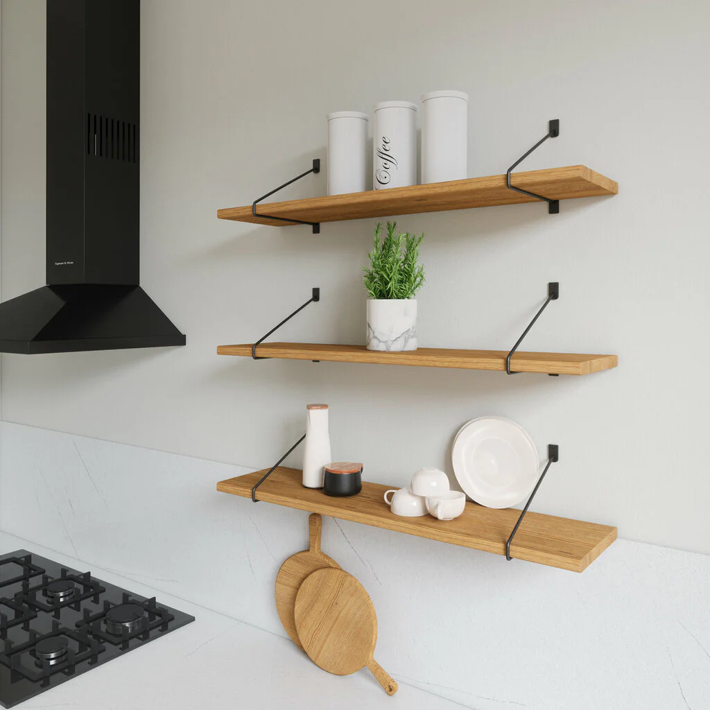 Wandregal Kueche Holz Metall Eiche Schweberegal Halterung Strenia Schwarz Rundstahl