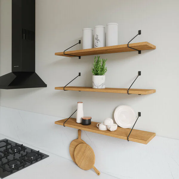 Wandregal Kueche Holz Metall Eiche Schweberegal Halterung Strenia Schwarz Rundstahl