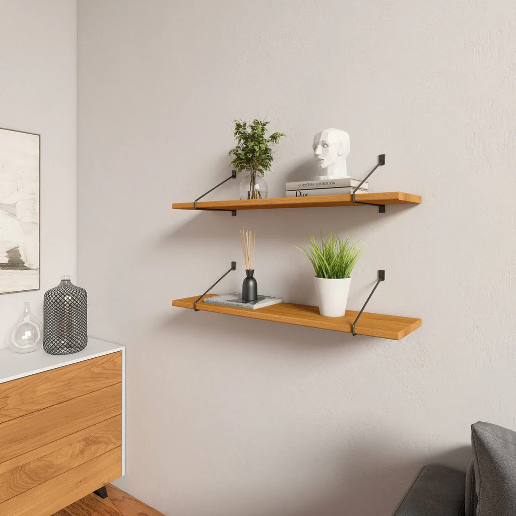 Wandregal Wohnzimmer Holz Metall Eiche Schweberegal Halterung Strenia Schwarz Rundstahl