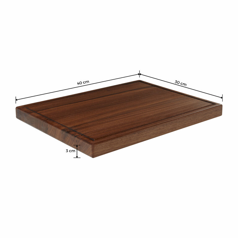 Schneidebrett Holz Nussbaum Holzbrett Mittel Massiv Saftrille 40x30x3 Bemaßt