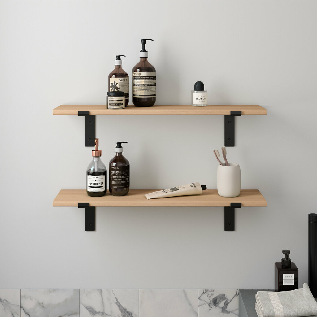 Wandregal Badezimmer Holz Metall Buche Schweberegal Runa Schwarz Flachstahl Offen V1