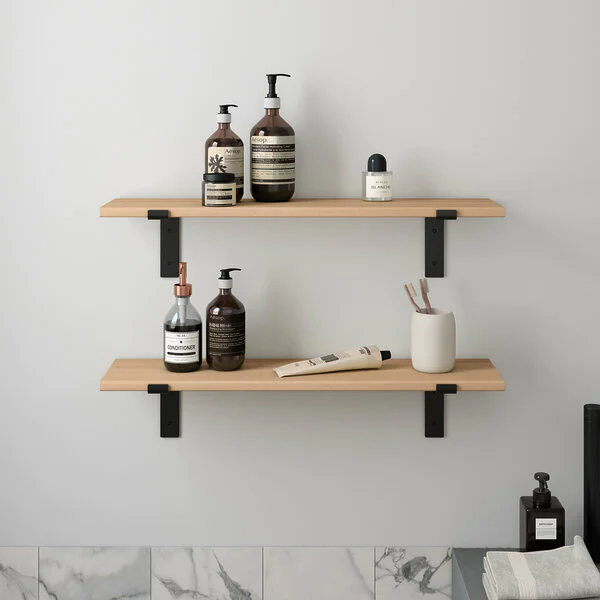 Wandregal Badezimmer Holz Metall Buche Schweberegal Runa Schwarz Flachstahl Offen V1