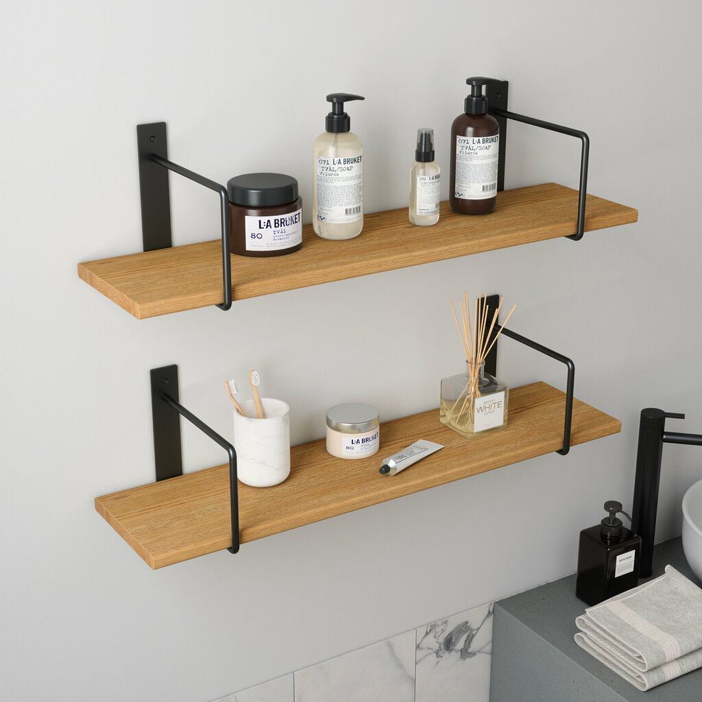 Wandregal Badezimmer Holz Metall Eiche Schweberegal Linar Schwarz Rundstahl V2