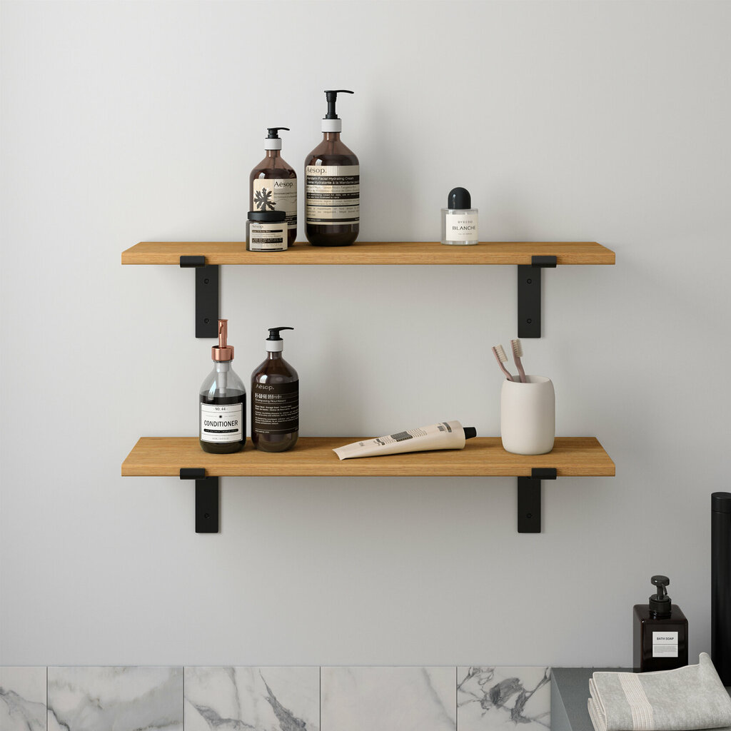 Wandregal Badezimmer Holz Metall Eiche Schweberegal Runa Schwarz Flachstahl Offen V1