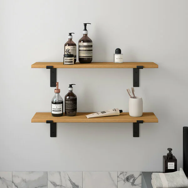 Wandregal Badezimmer Holz Metall Eiche Schweberegal Runa Schwarz Flachstahl Offen V1