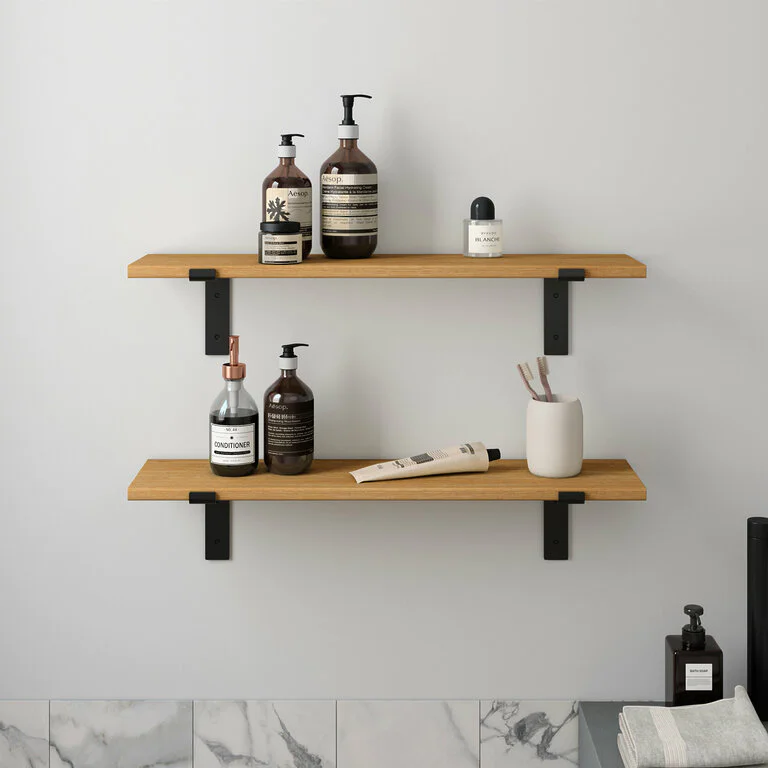 Wandregal Badezimmer Holz Metall Eiche Schweberegal Runa Schwarz Flachstahl Offen V1