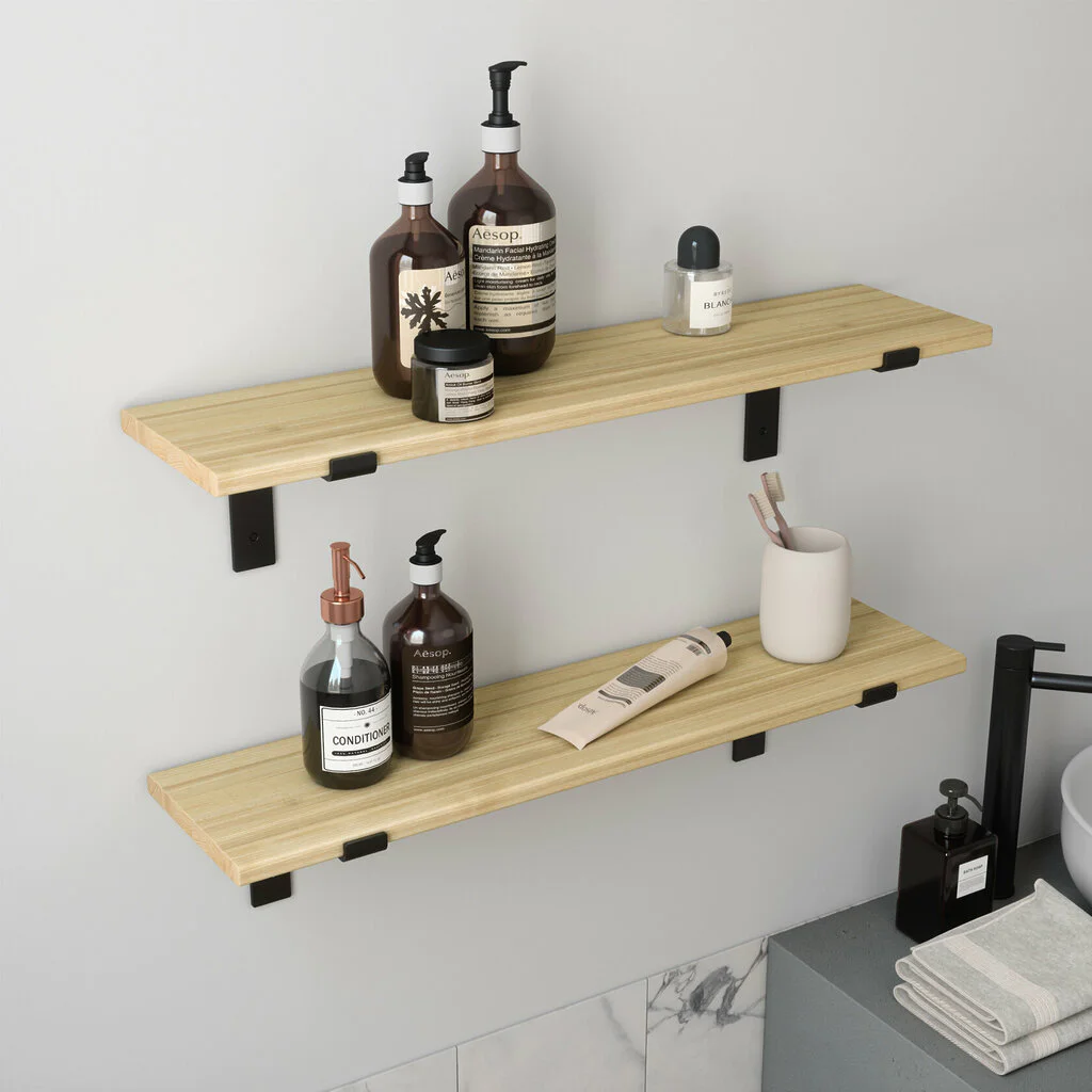 Wandregal Badezimmer Holz Metall Esche Schweberegal Runa Schwarz Flachstahl Offen V2