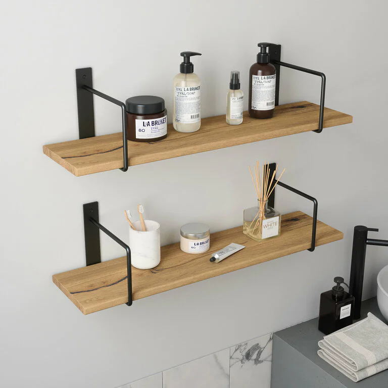Wandregal Badezimmer Holz Metall Wildeiche Schweberegal Linar Schwarz Rundstahl V2
