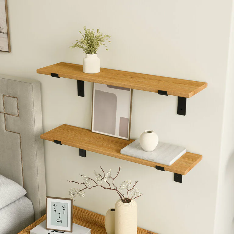 Wandregal Schlafzimmer Holz Metall Eiche Schweberegal Runa Schwarz Flachstahl Offen V2