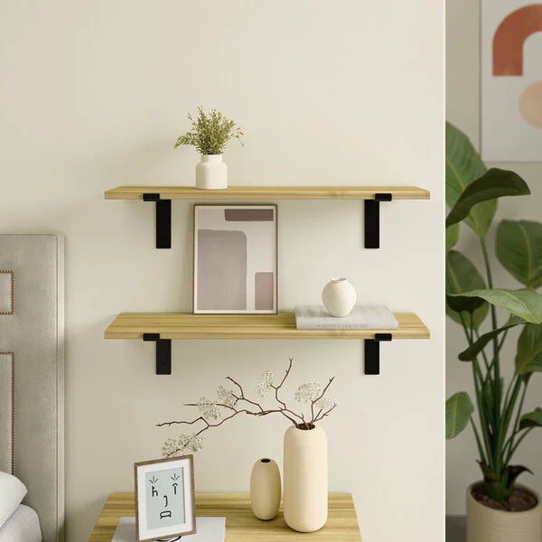 Wandregal Schlafzimmer Holz Metall Esche Schweberegal Runa Schwarz Flachstahl Offen V1