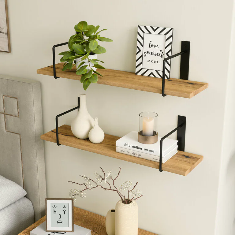 Wandregal Schlafzimmer Holz Metall Wildeiche Schweberegal Linar Schwarz Rundstahl V2