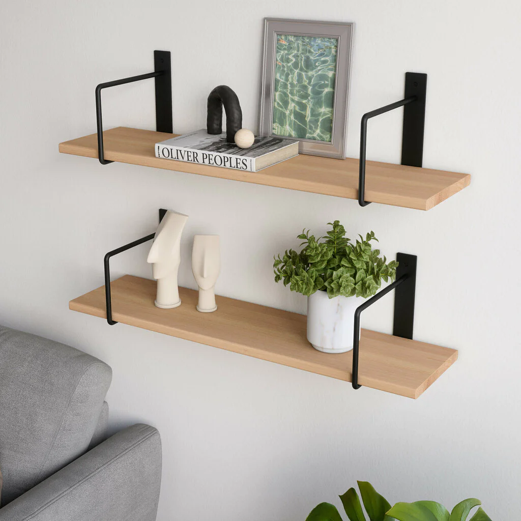 Wandregal Wohnzimmer Holz Metall Buche Schweberegal Linar Schwarz Rundstahl V2