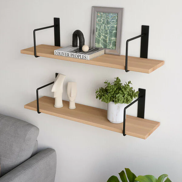 Wandregal Wohnzimmer Holz Metall Buche Schweberegal Linar Schwarz Rundstahl V2