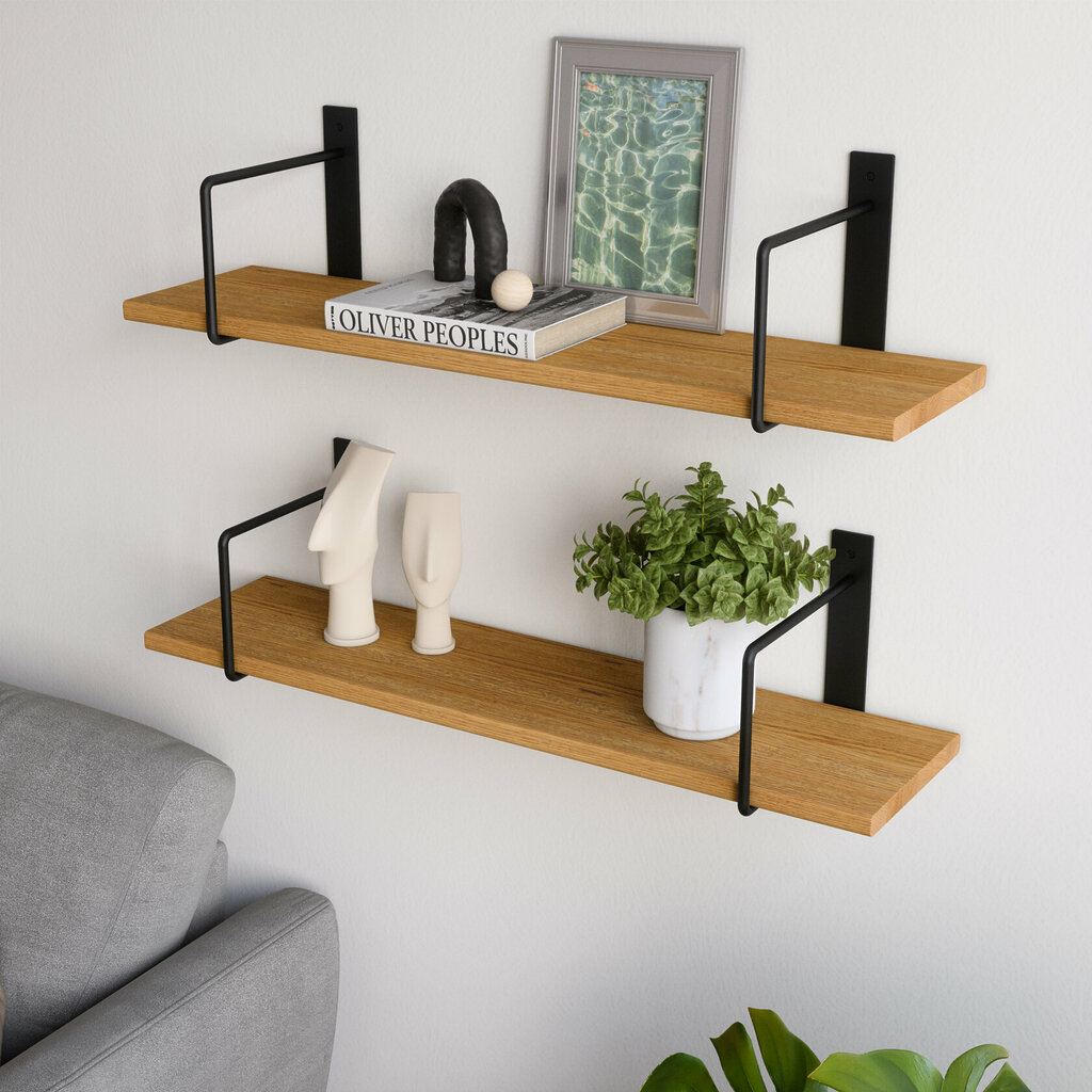 Wandregal Wohnzimmer Holz Metall Eiche Schweberegal Linar Schwarz Rundstahl V2