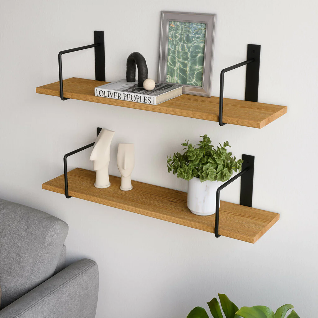 Wandregal Wohnzimmer Holz Metall Eiche Schweberegal Linar Schwarz Rundstahl V2