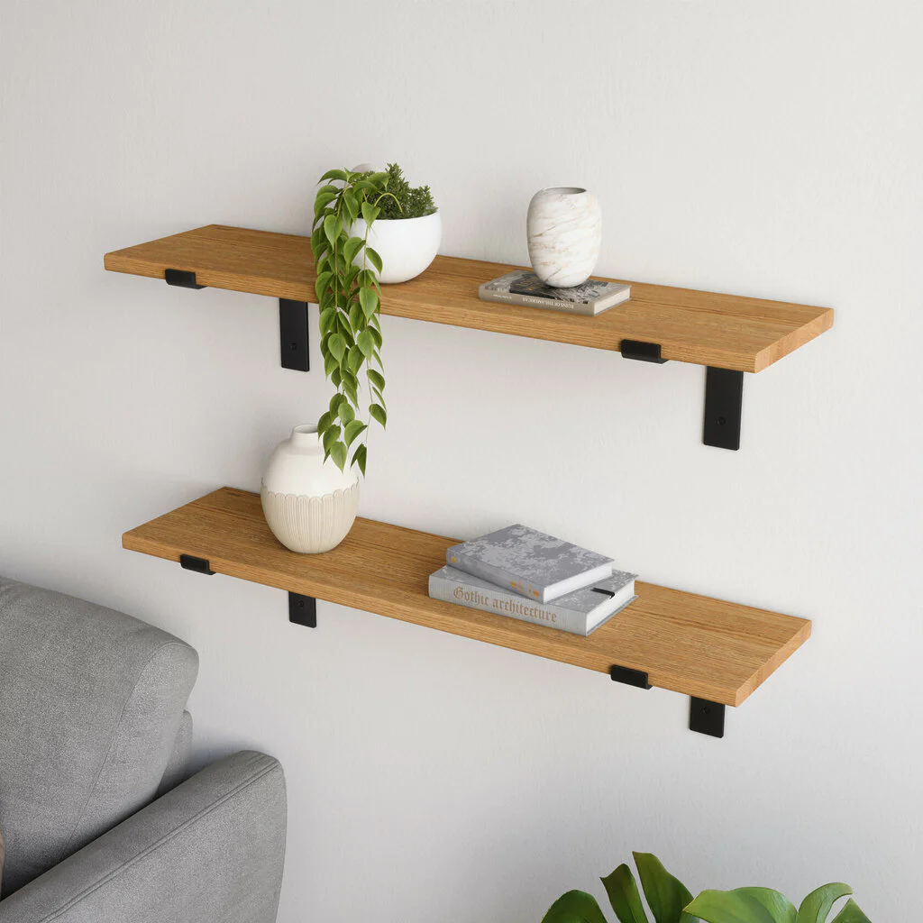 Wandregal Wohnzimmer Holz Metall Eiche Schweberegal Runa Schwarz Flachstahl Offen V2