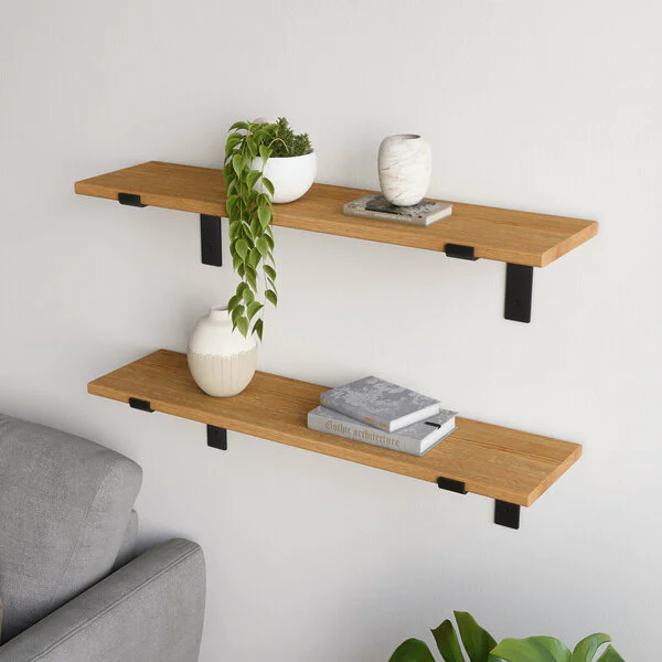 Wandregal Wohnzimmer Holz Metall Eiche Schweberegal Runa Schwarz Flachstahl Offen V2