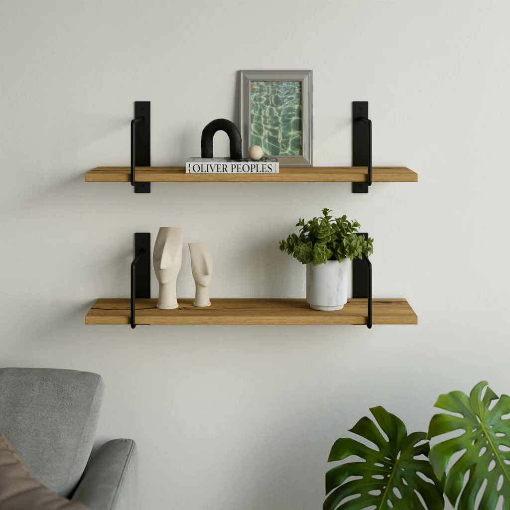 Wandregal Wohnzimmer Holz Metall Wildeiche Schweberegal Linar Schwarz Rundstahl V1