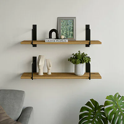 Wandregal Wohnzimmer Holz Metall Wildeiche Schweberegal Linar Schwarz Rundstahl V1