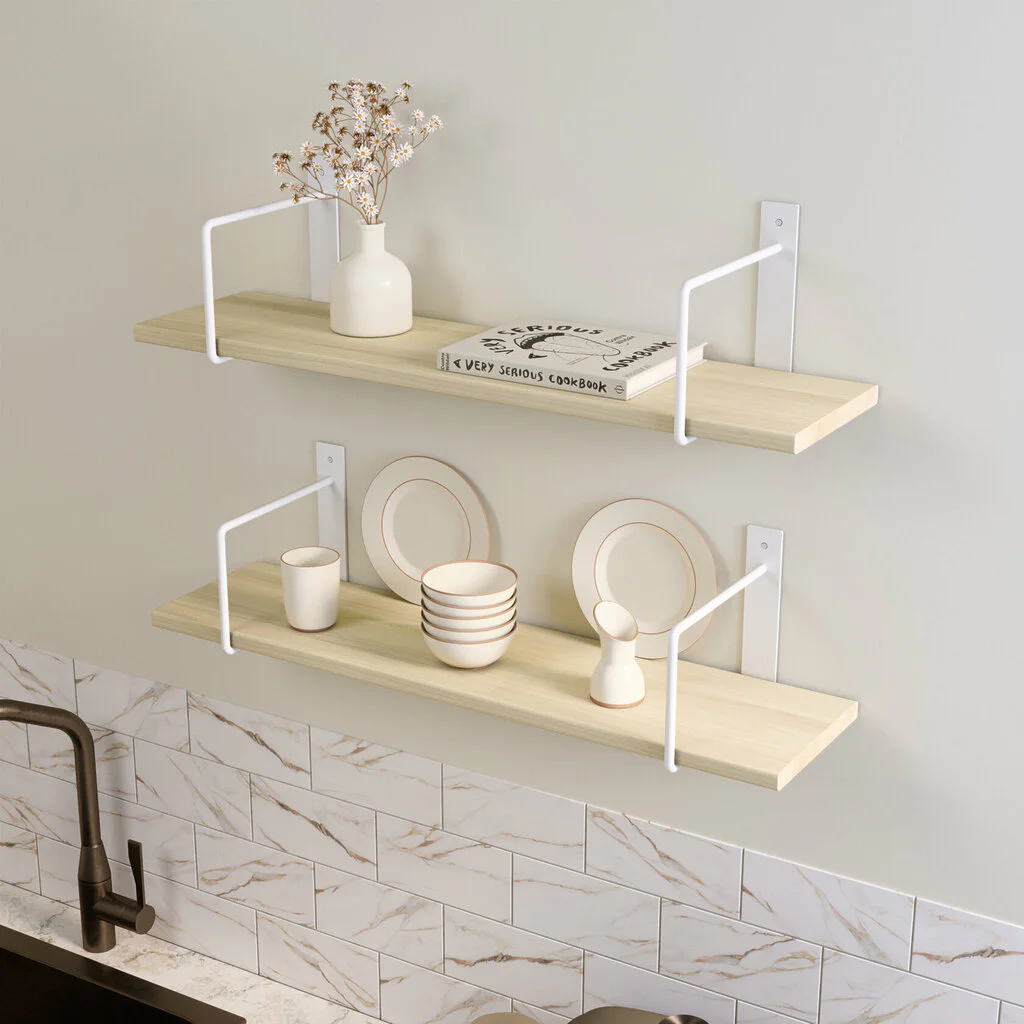 Wandregal Kueche Holz Metall Ahorn Schweberegal Linar Weiss Rundstahl V2