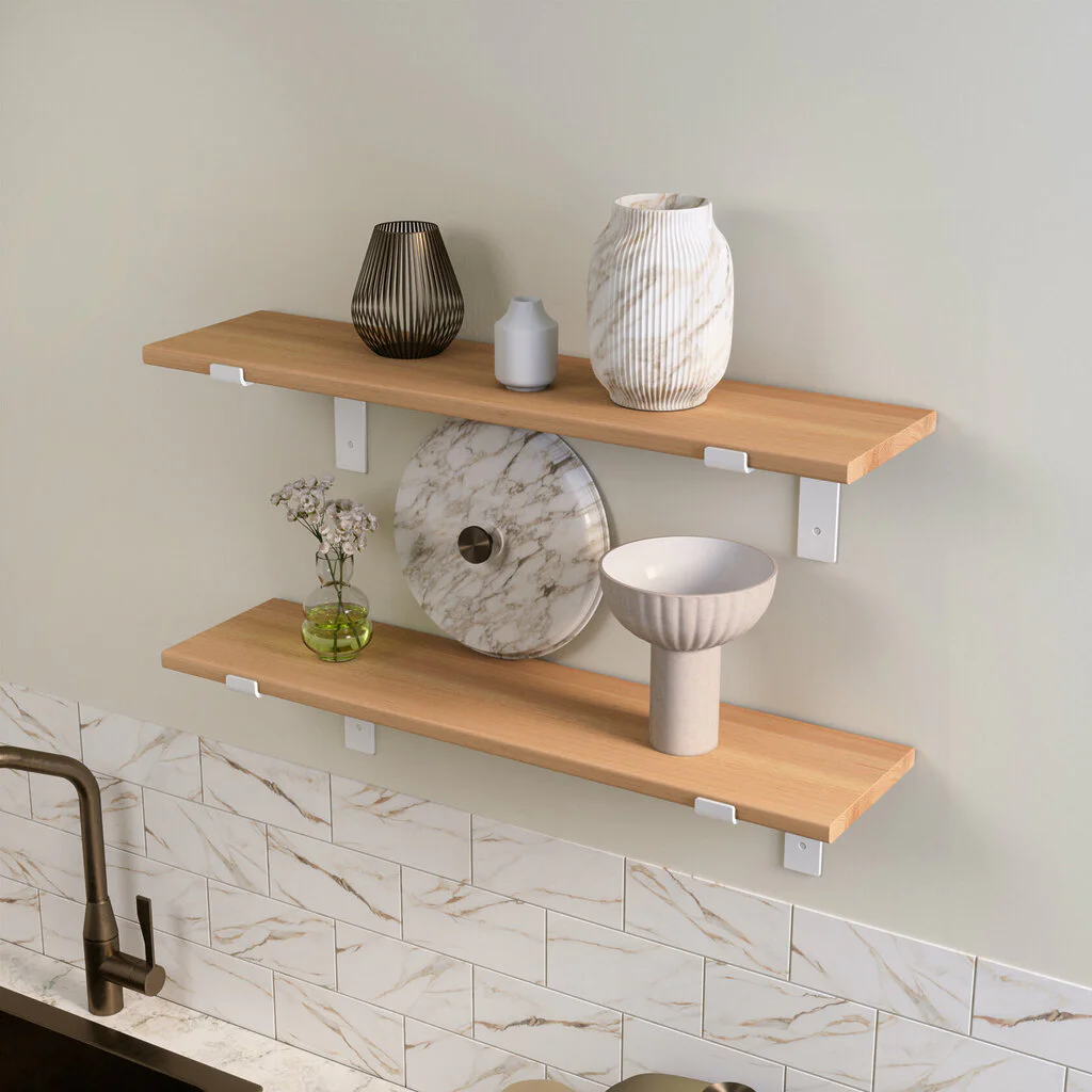 Wandregal Kueche Holz Metall Buche Schweberegal Runa Weiss Flachstahl Offen V2