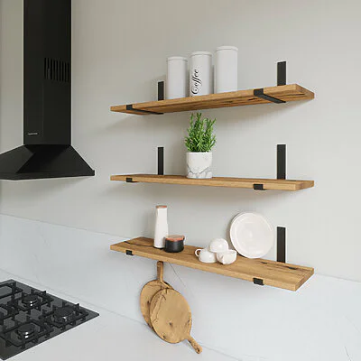 Wandregal Kueche Holz Metall Wildeiche Schweberegal Halterung Aris Schwarz Flachstahl Offen
