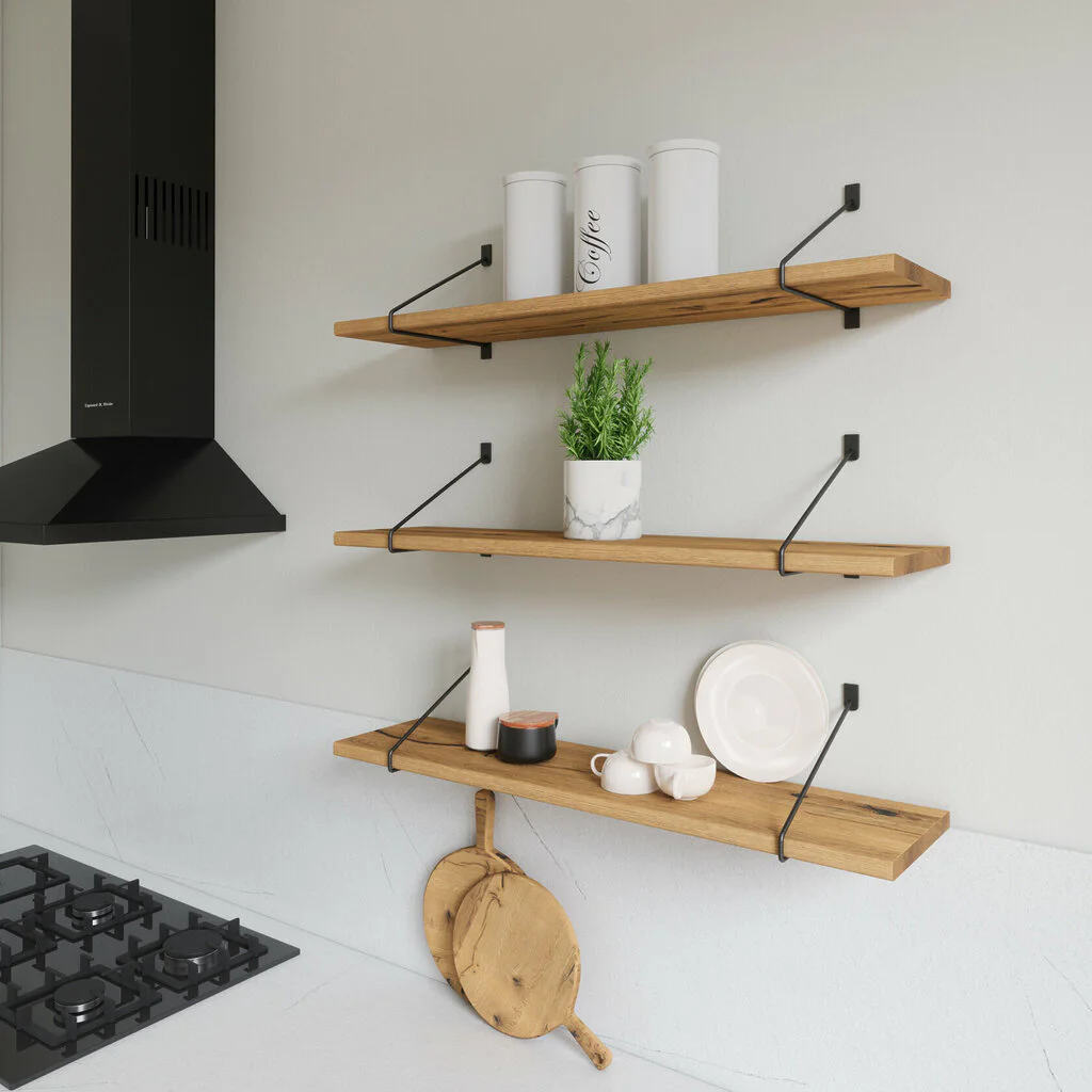 Wandregal Kueche Holz Metall Wildeiche Schweberegal Halterung Strenia Schwarz Rundstahl