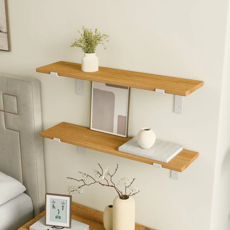 Wandregal Schlafzimmer Holz Metall Eiche Schweberegal Runa Weiss Flachstahl Offen V2