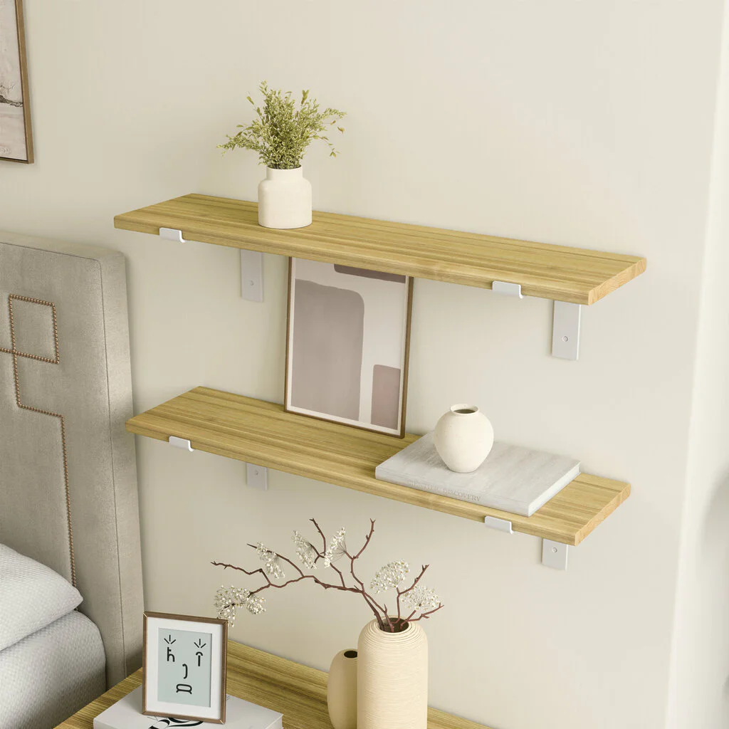 Wandregal Schlafzimmer Holz Metall Esche Schweberegal Runa Weiss Flachstahl Offen V2