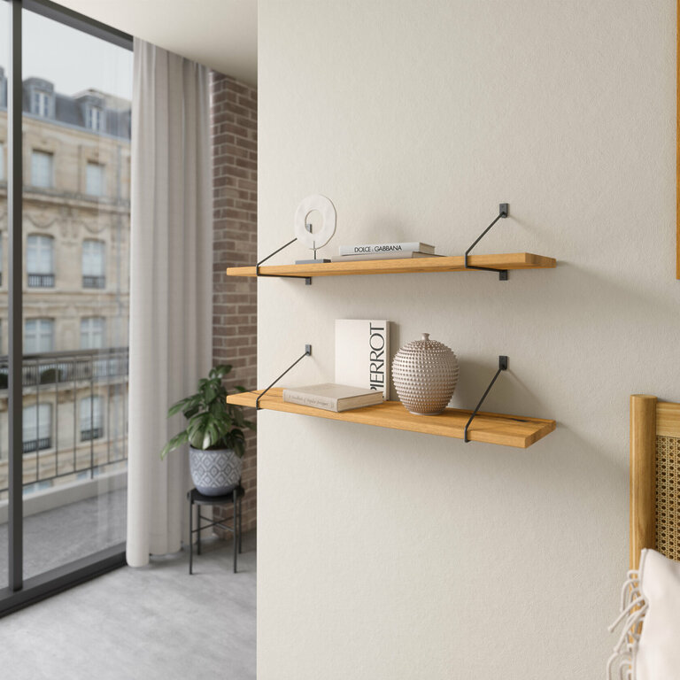 Wandregal Schlafzimmer Holz Metall Wildeiche Schweberegal Halterung Strenia Schwarz Rundstahl