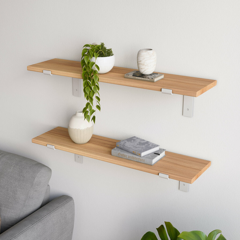 Wandregal Wohnzimmer Holz Metall Kernbuche Schweberegal Runa Weiss Flachstahl Offen V2