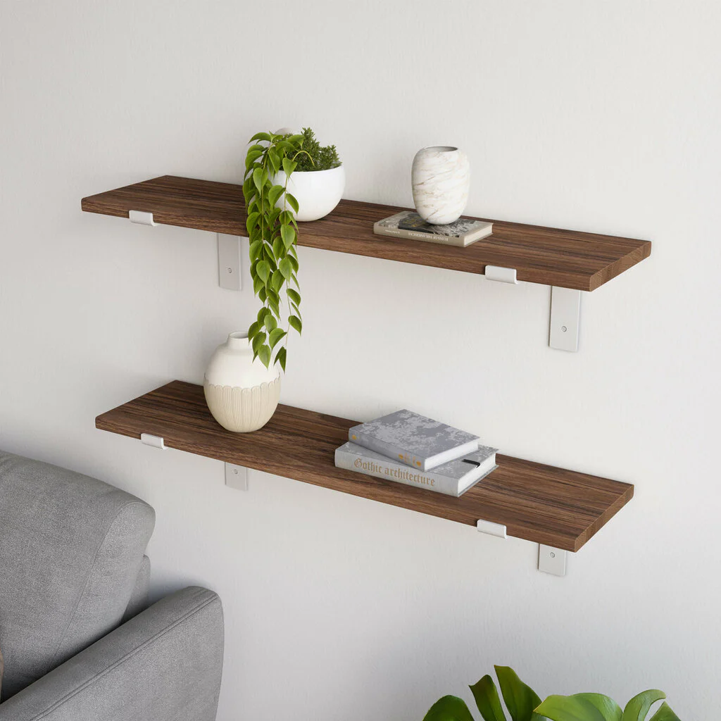 Wandregal Wohnzimmer Holz Metall Nussbaum Schweberegal Runa Weiss Flachstahl Offen V2